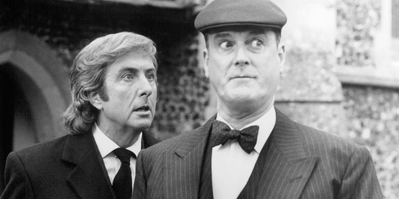 black and white Splitting Heirs scene with Eric Idle and John Cleese