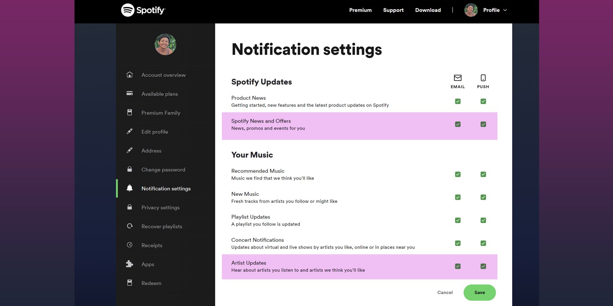 Spotify Desktop Notifications page