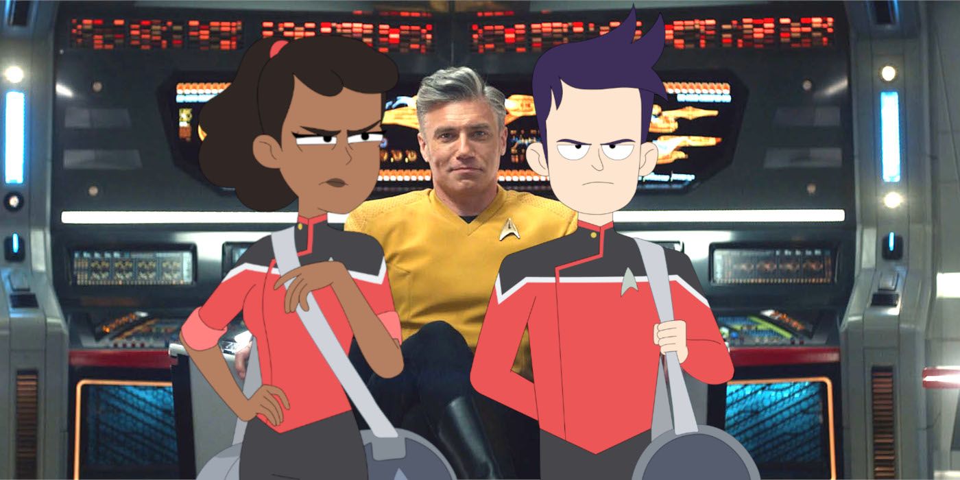 Mariner and Boimler of Lower Decks on the bridge of the Enterprise in Strange New Worlds with Captain Pike seated