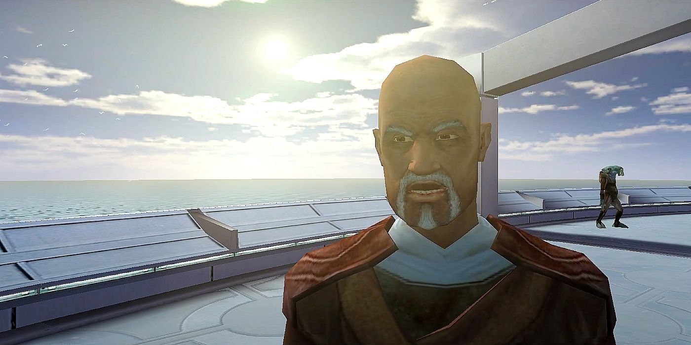 Image of Jolee Bindo in front of the sun rising over the oceans of the water planet Manaan from Star Wars Knights of the Old Republic.