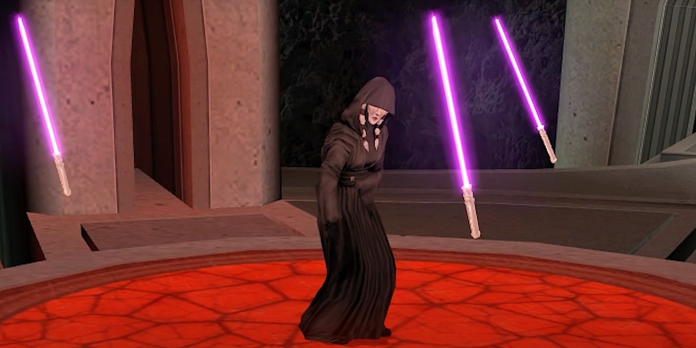 Kreia commanding three floating lightsabers with the Force in KOTOR 2.