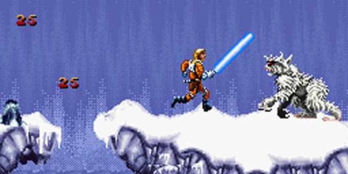 Luke attacks an ice monster with his lightsaber in Super Star Wars Empire Strikes Back