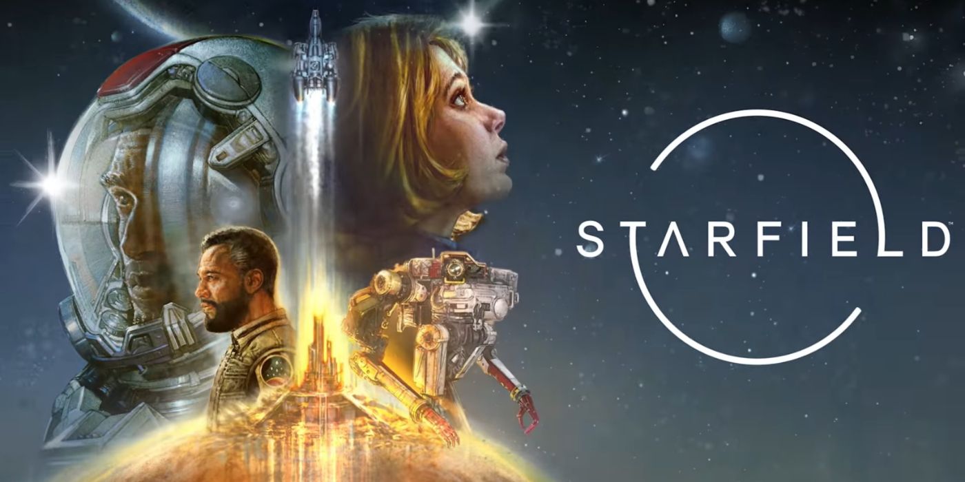 Arte promocional de Starfield com uma colagem dos personagens do jogo ao lado de seu logotipo.