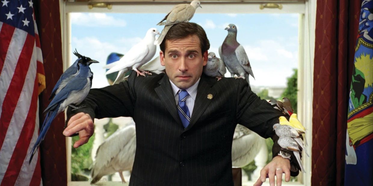 Steve Carell with birds on his shoulders in Evan Almighty