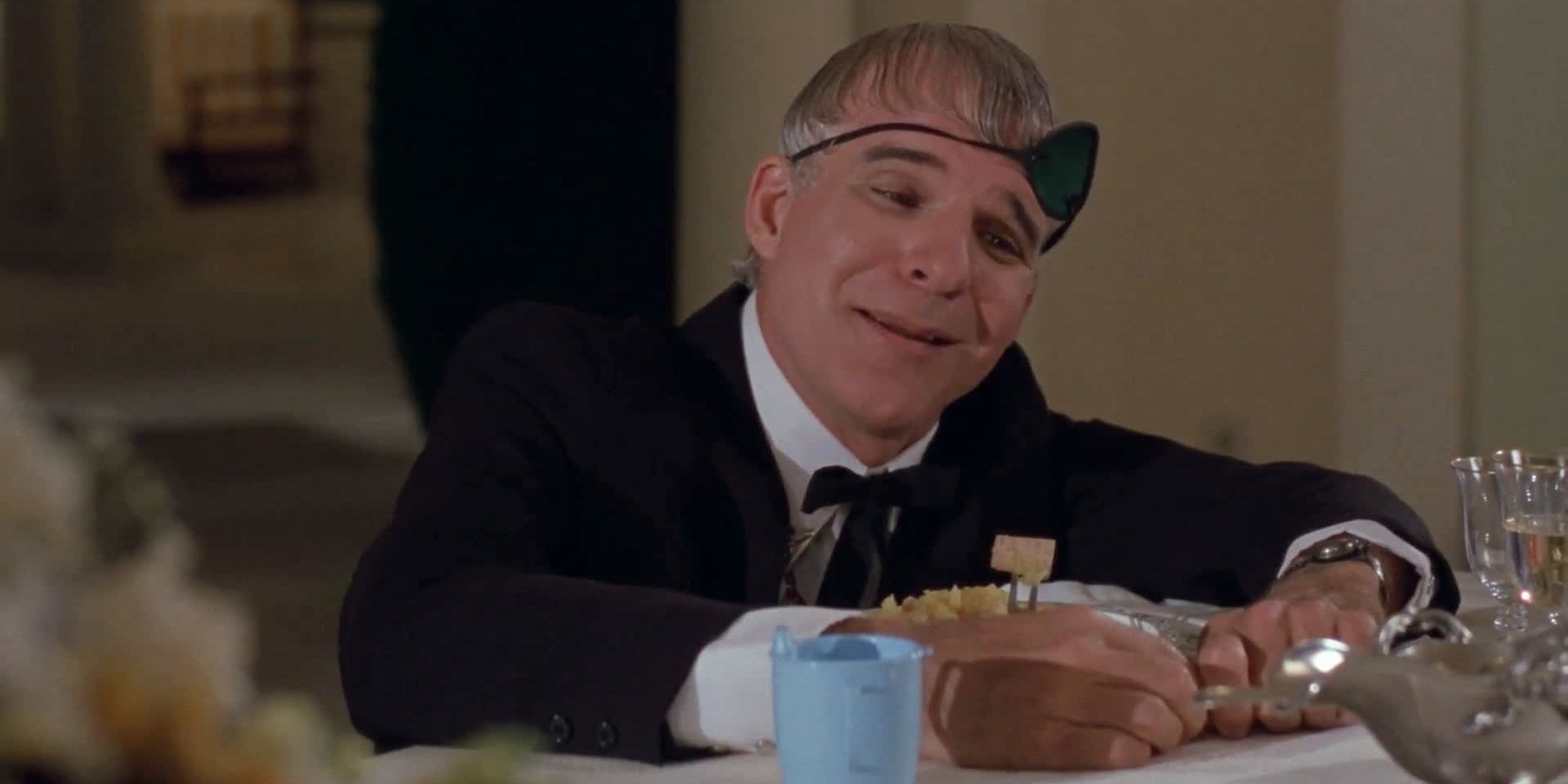 Steve Martin wearing an eyepatch in Dirty Rotten Scoundrels