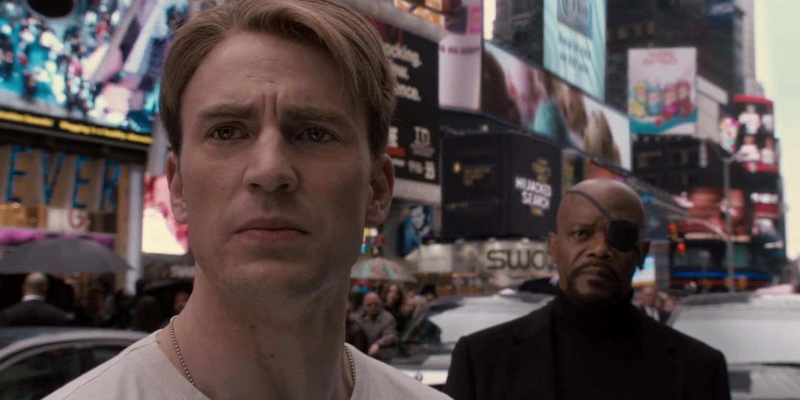 Steve Rogers and Nick Fury in Times Square at the end of Captain America The First Avenger