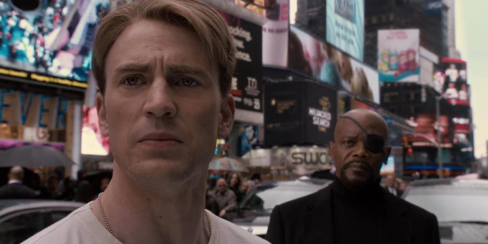 Steve Rogers with Nick Fury in Times Square in Captain America The First Avenger