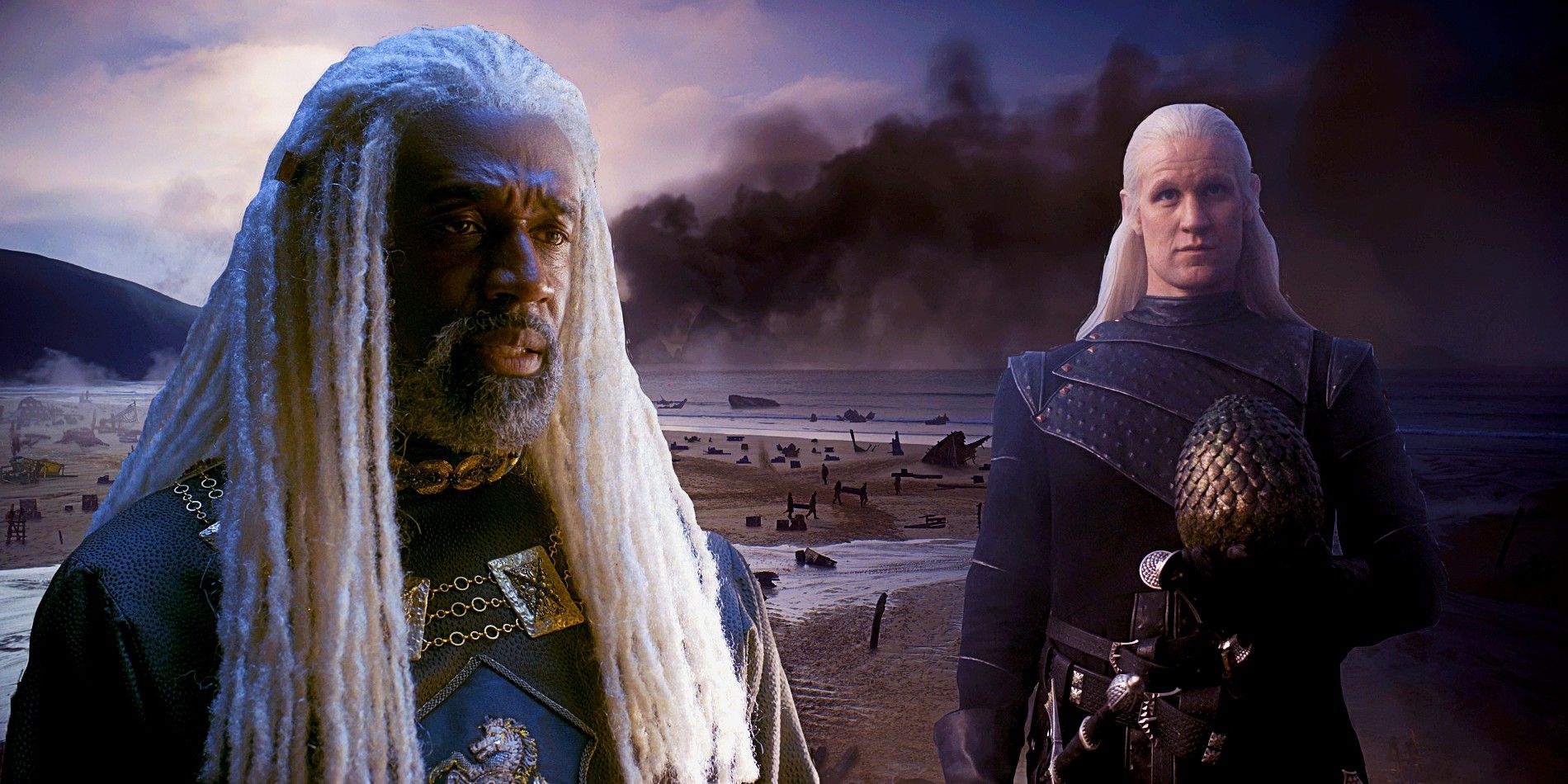 Steve Toussaint en tant que Lord Corlys Velaryon et Matt Smith en tant que Prince Daemon Targaryen et les Stepstones en arrière-plan dans House of the Dragon.