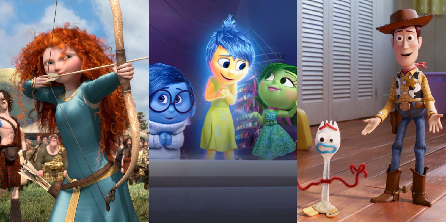 Stills from Brave, Inside Out and Toy Story 4 Split Image