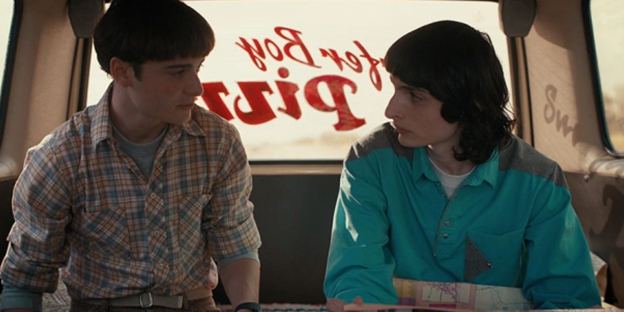 Stranger Things Season 4 Noah Schnapp and Finn Wolfhard as Will Byers and Mike Wheeler Van Scene