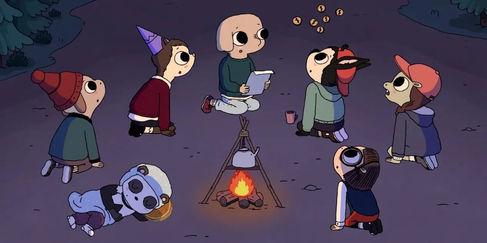 The campers gather around a fire in Summer Camp Island