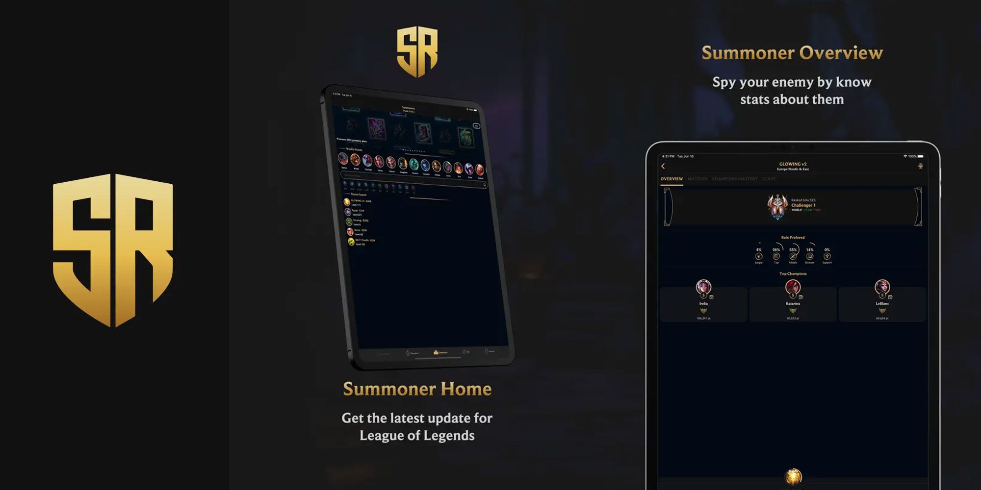 Image showcasing Home and Overview pages for the Summoner Rift for LOL companion app.