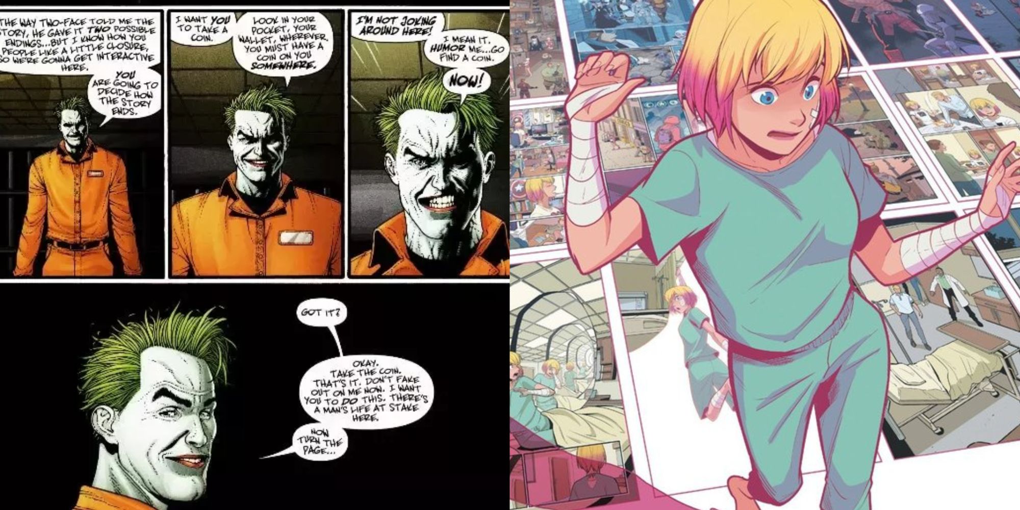 Split image showing the Joker and Gwenpool breaking the fourth wall
