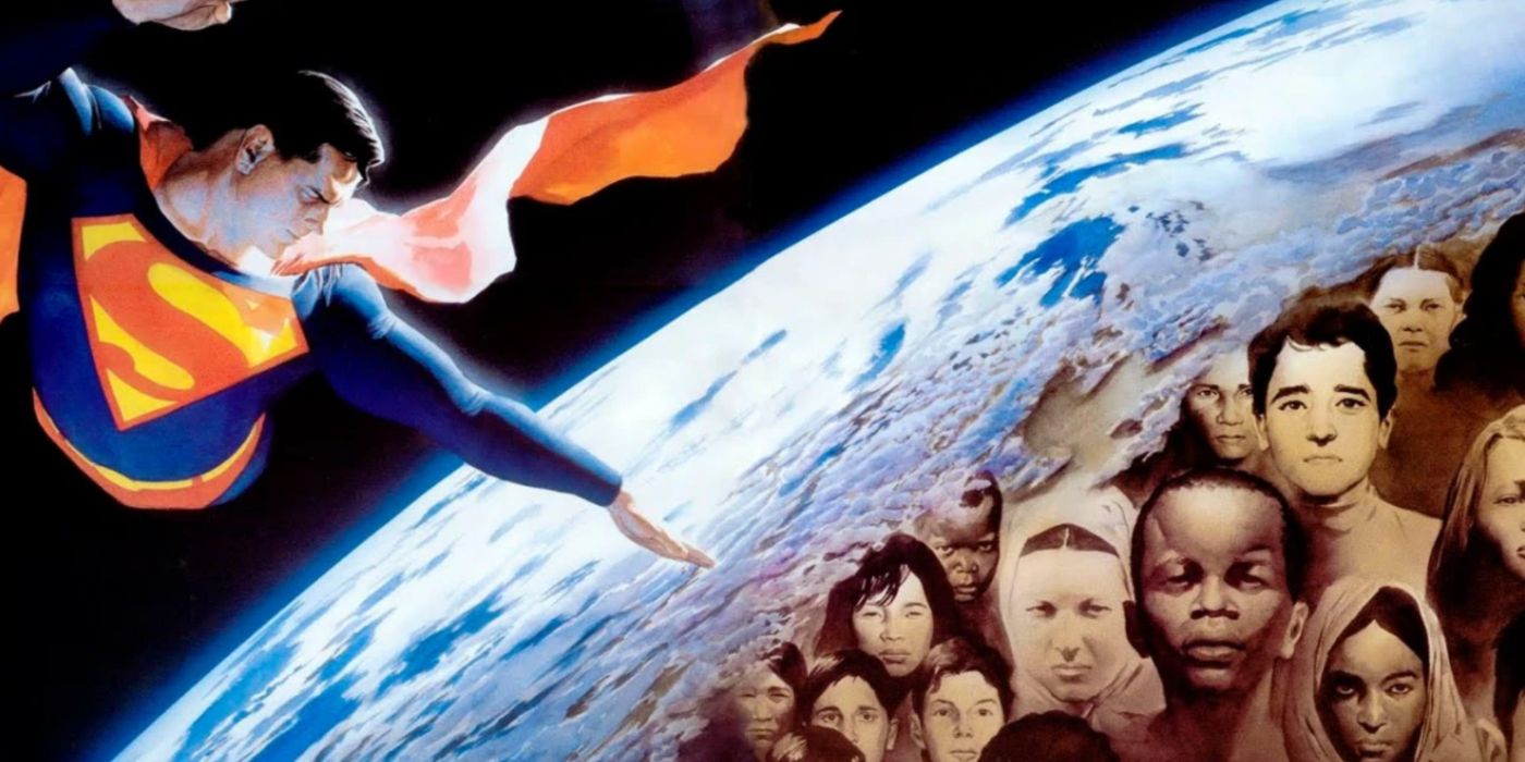 Superman flying over the earth and a collage of the planet&rsquo;s many diverse people.