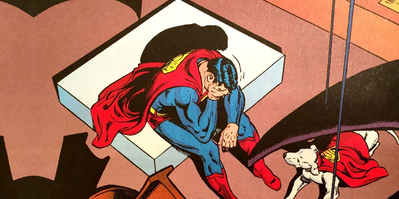 Superman is comforted by Krypto in the comics