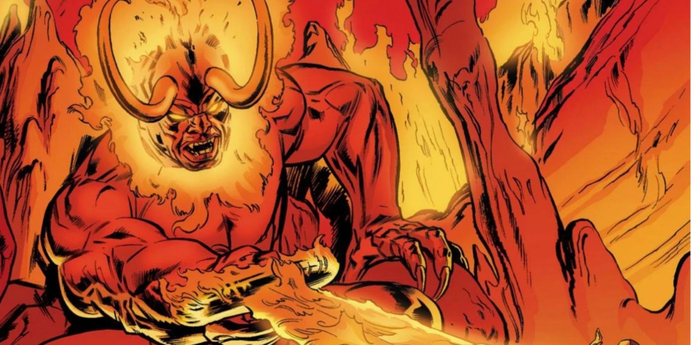 The horned fire giant Surtur pointing his Twilight Sword in Marvel's comics.