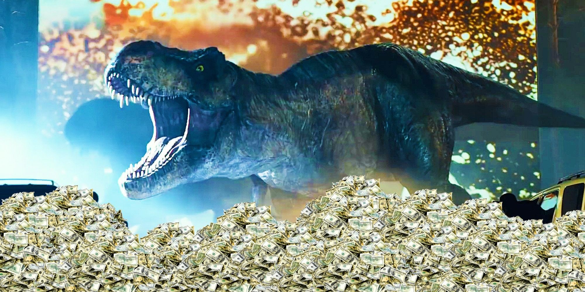 T-Rex von Jurassic World Dominion mit einem großen Haufen Bargeld vor sich