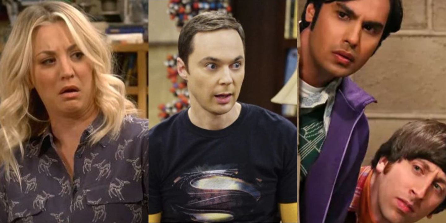Split image of Penny, Sheldon, Howard and Raj in The Big Bang Theory