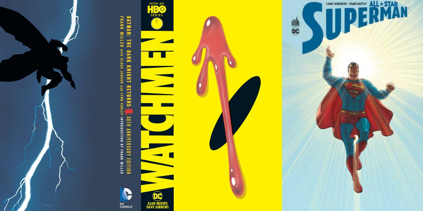 Split image of TDKR, Watchmen, and All-Star Superman cover art.