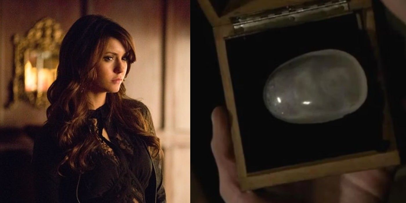Imagem dividida de Katherine Pierce e a pedra da lua de The Vampire Diaries