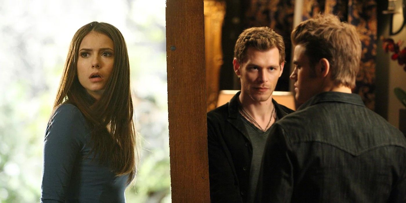 Split image of Elena looking shocked and Klaus looking at Stefan