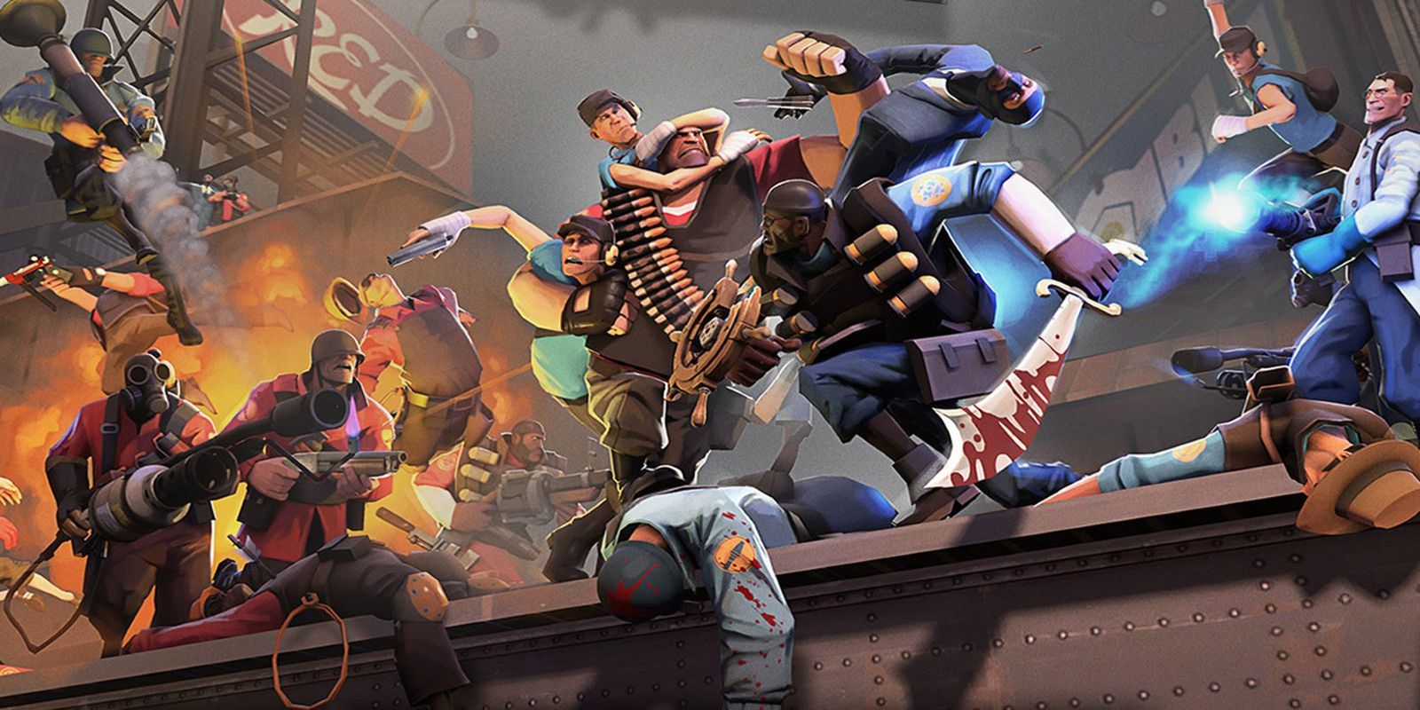 An image of cartoony characters from Team Fortress 2 brawling in a scene of mayhem.
