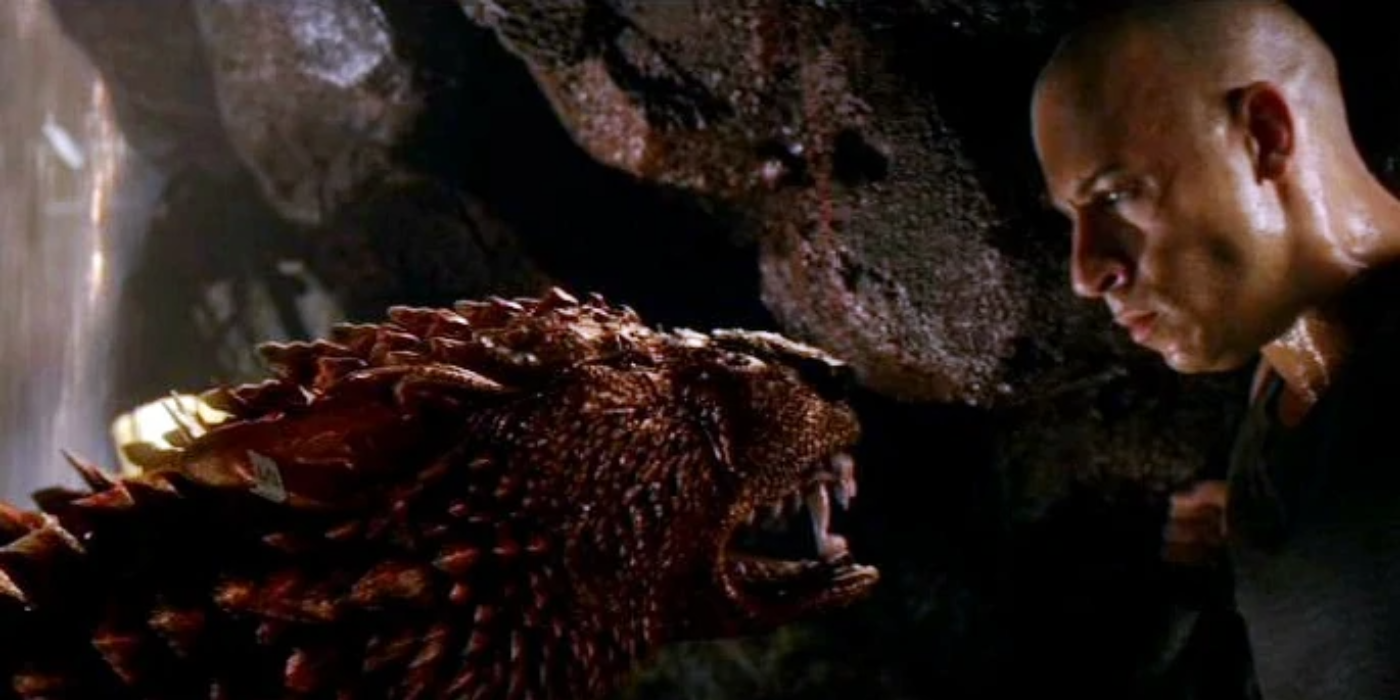 Riddick and Hellhound staring each other down