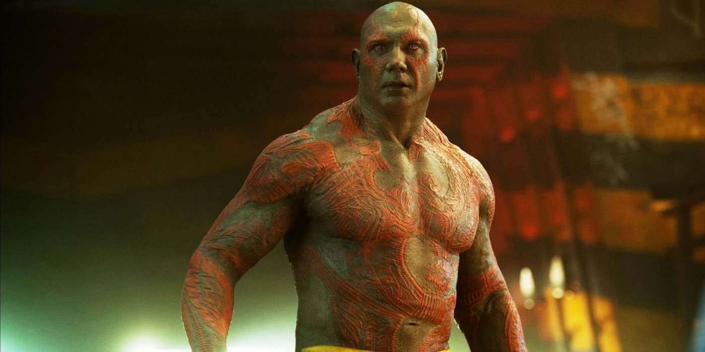 Drax looking scared in the guardians of the galaxy