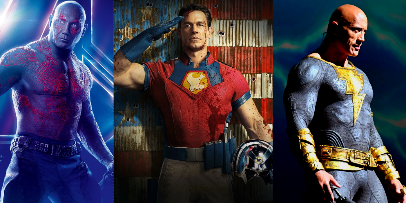 Drax, Peacemaker and Black Adam as wrestling superheroes