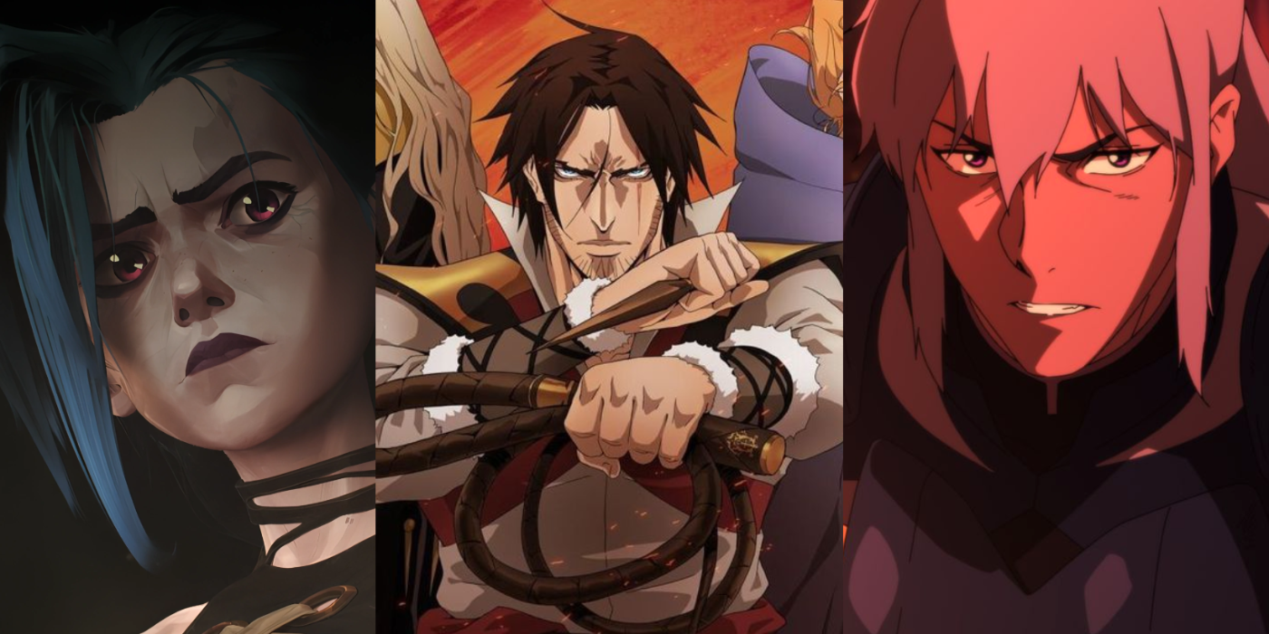 Split image of characters from dark fantasy shows like DOTA Dragon's Blood
