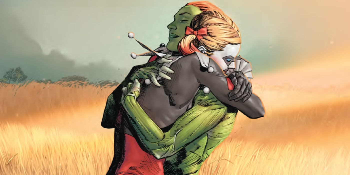 Harley and Ivy embrace in DC Comics.