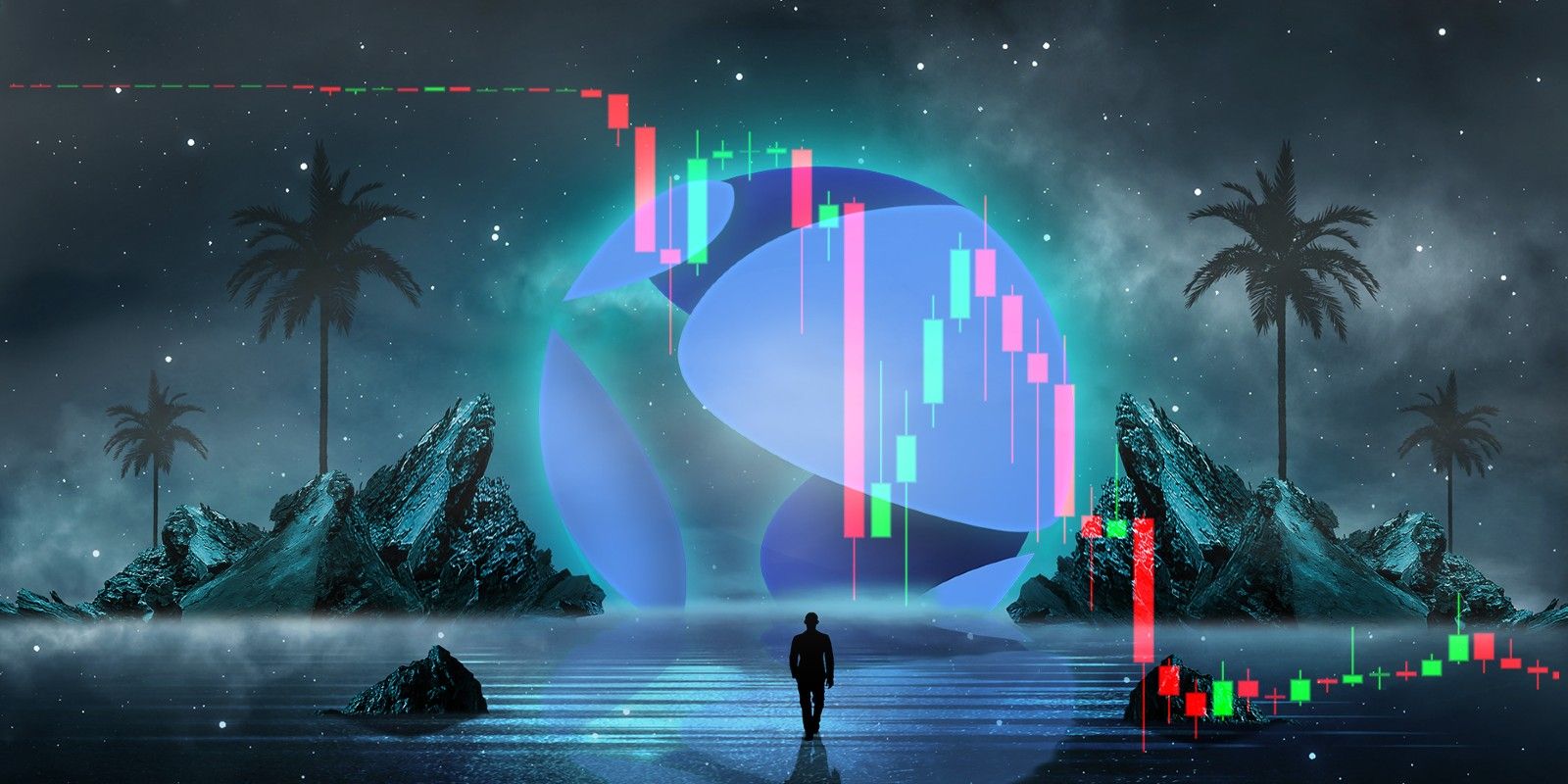 Digital art of Terra Luna's logo on Earth horizon with UST stablecoin death spiral chart overlayed