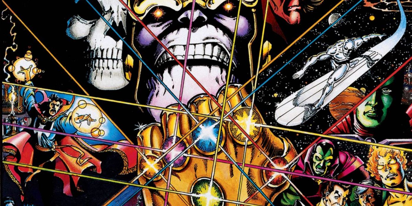 Thanos wielding the Infinity Gauntlet with Death and Marvel heroes in the background.