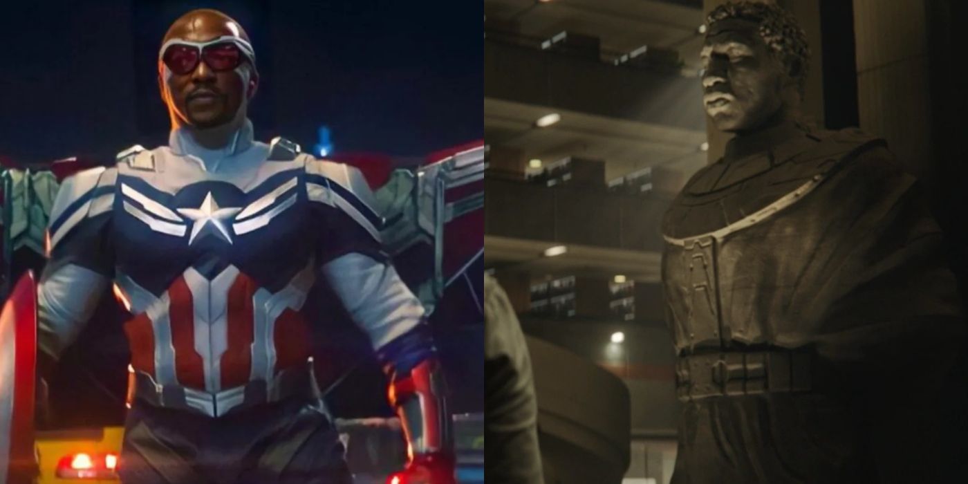 Split image of Sam Wilson as Captain America and a statue of Kang the Conqueror