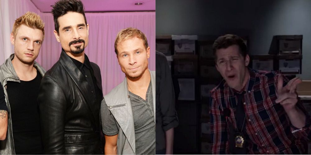 The Backstreet Boys and Jake Peralta from Brooklyn 99 in the Backstreet boy cold open scene