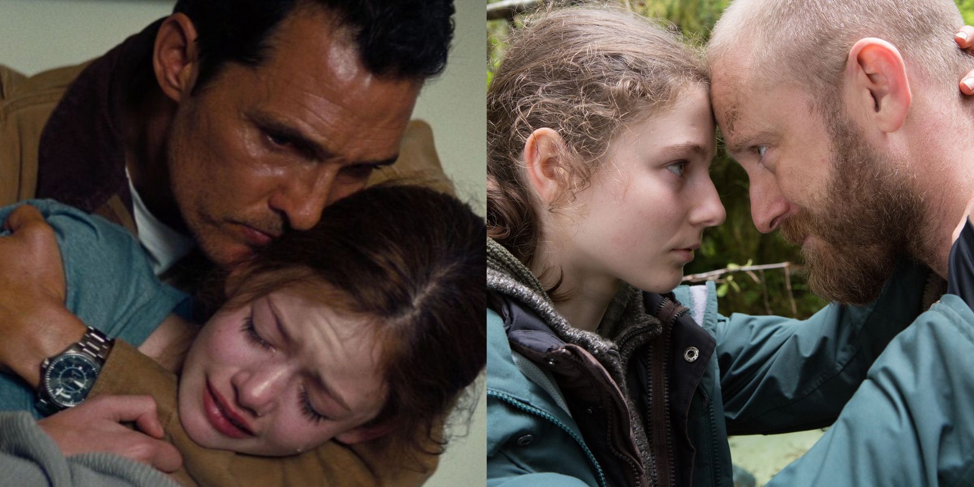 Split image showing father-daughter duos from Insterstellar and Leave No Trace