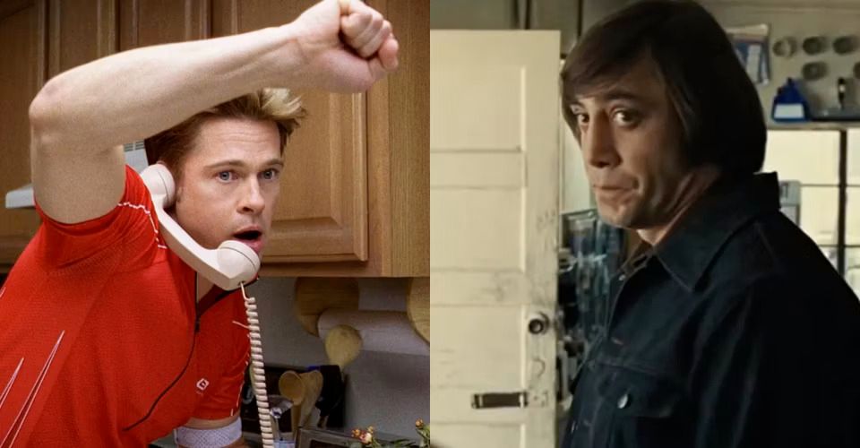 Split image showing Chad from Burn after reading and Chigurh from No Country For Old Men