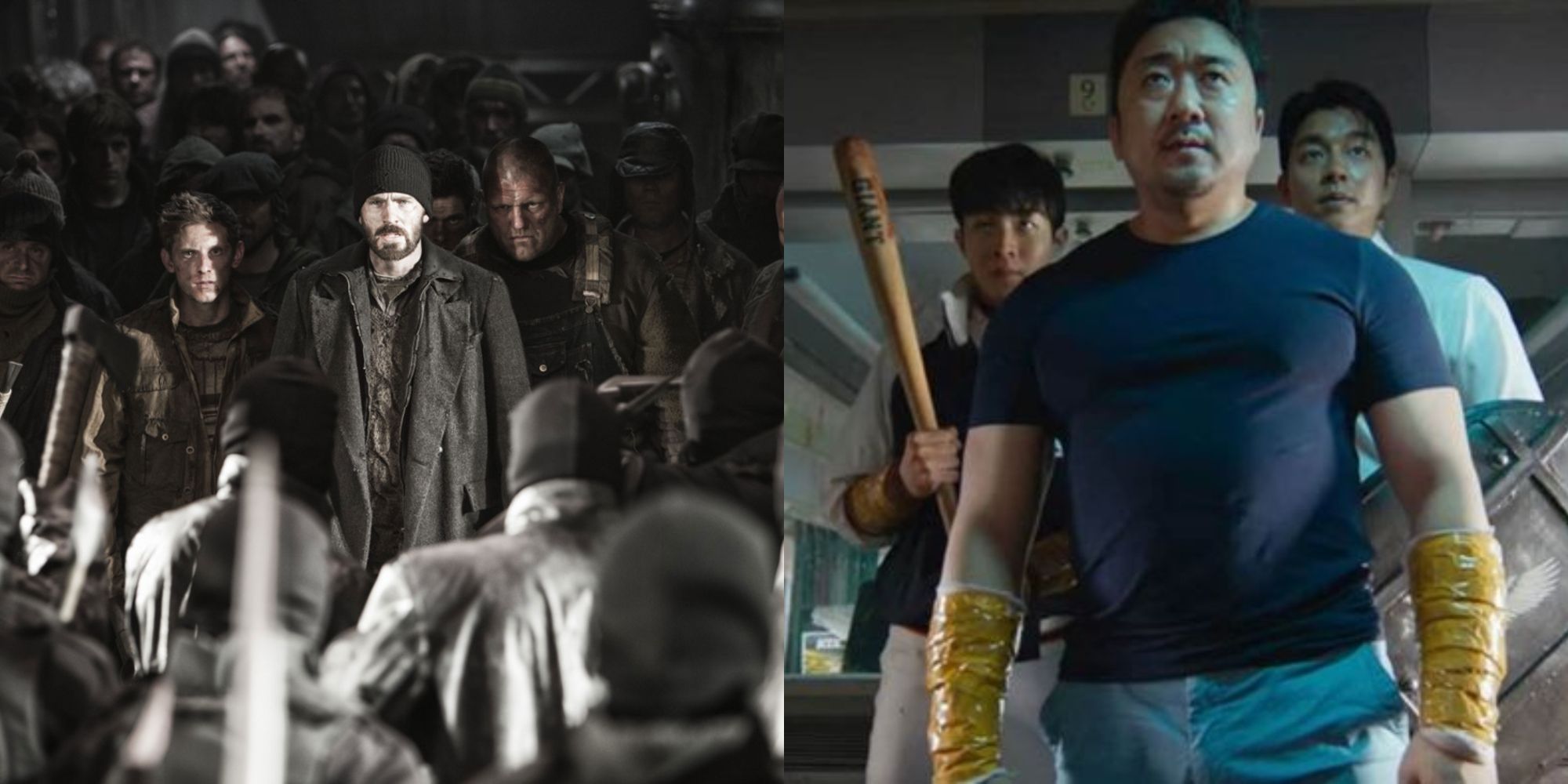 Split image showing scenes from Snowpiercer and Train To Busab