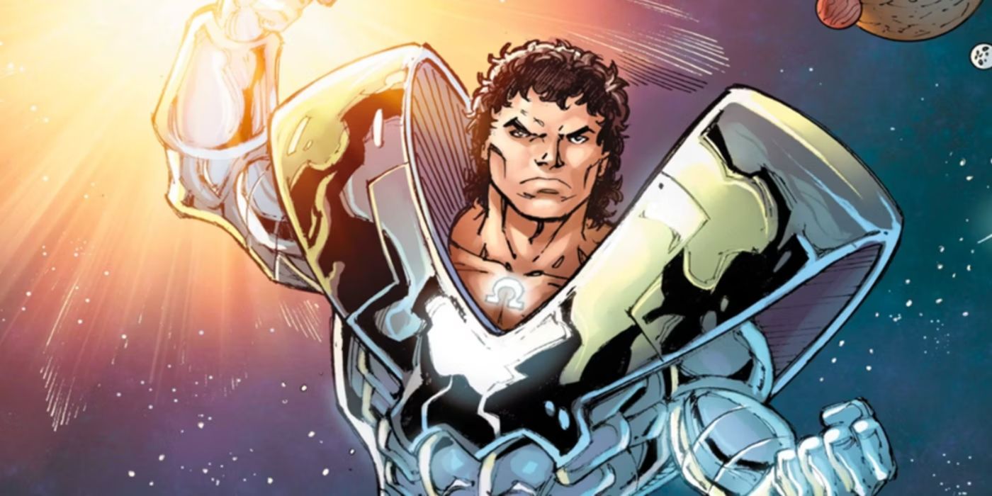 O Beyonder no espaço vestindo seu terno branco com tema ômega nos quadrinhos.
