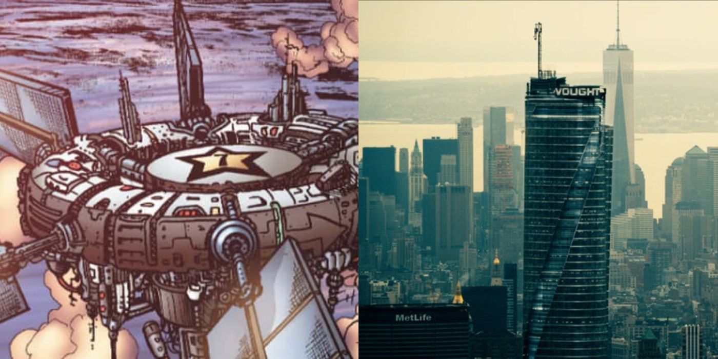 A side by side comparison of The Seven's Headquarters from the comics and Vought Tower from The Boys