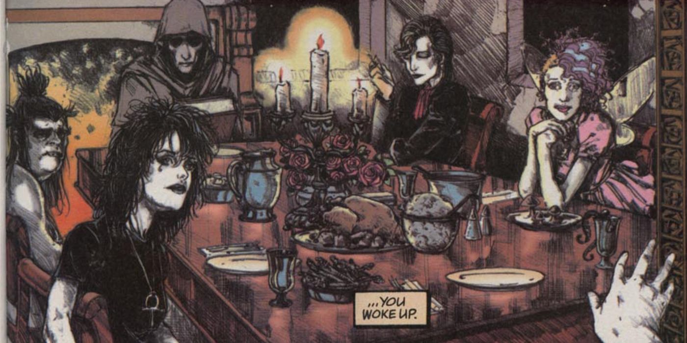 The Endless around a dinner table from the Sandman comics