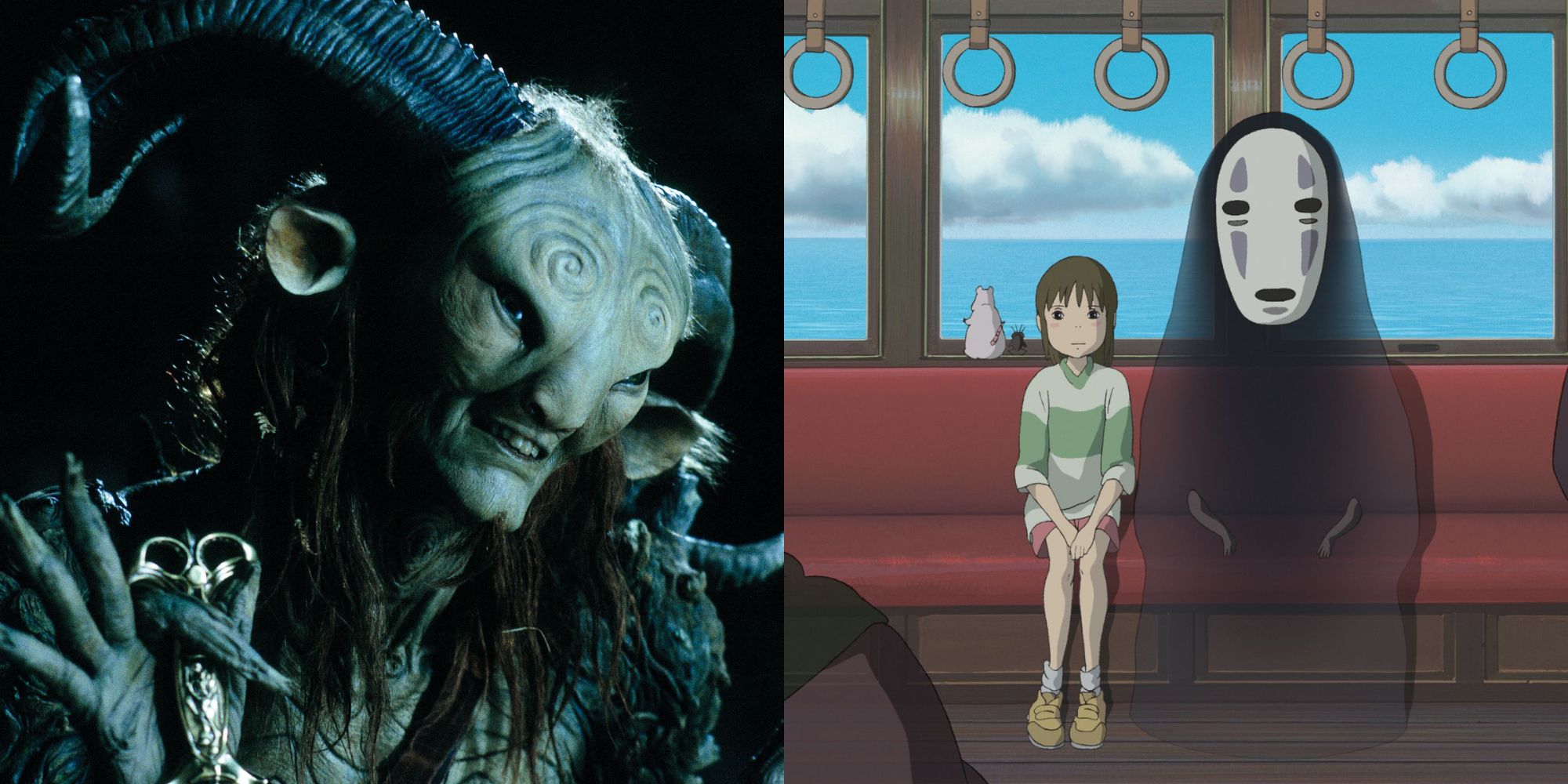 SPlit image showing the Faun in Pan's Labyrinth and Chihiro in Spirited Away.