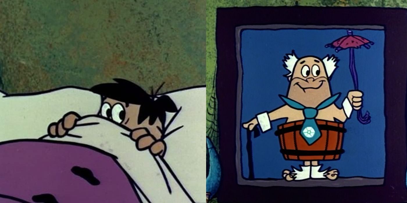 Split image: Fred Flintstone hides under his covers; a creepy man in a painting