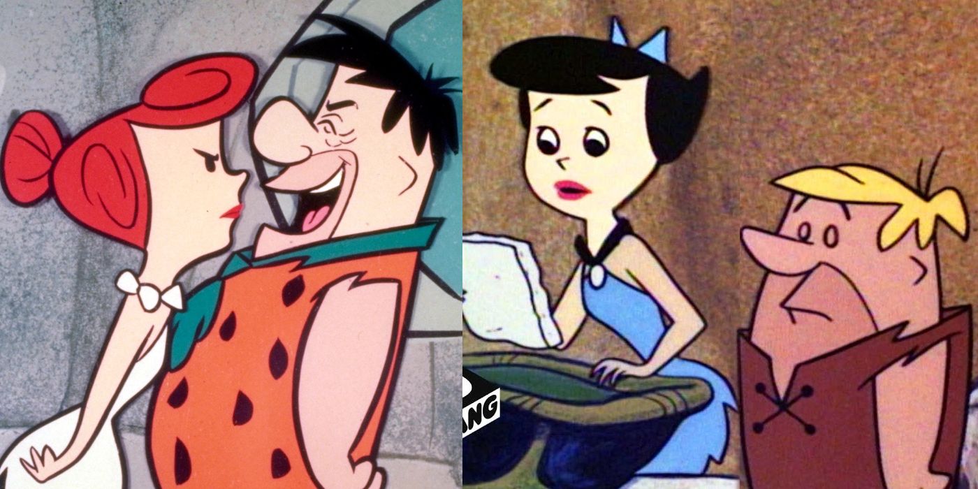 The Flintstones: Fred laughing at an angry Wilma; Barney and Betty look concerned while looking at a stone tablet