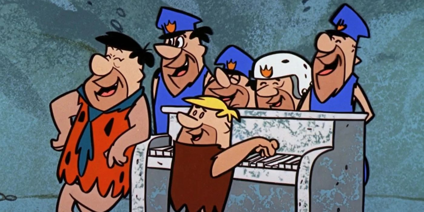 The Flintstones: Barney plays a white piano while Fred and four other cavemen sing along