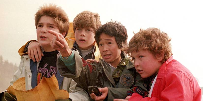 The Goonies cast looking off-screen