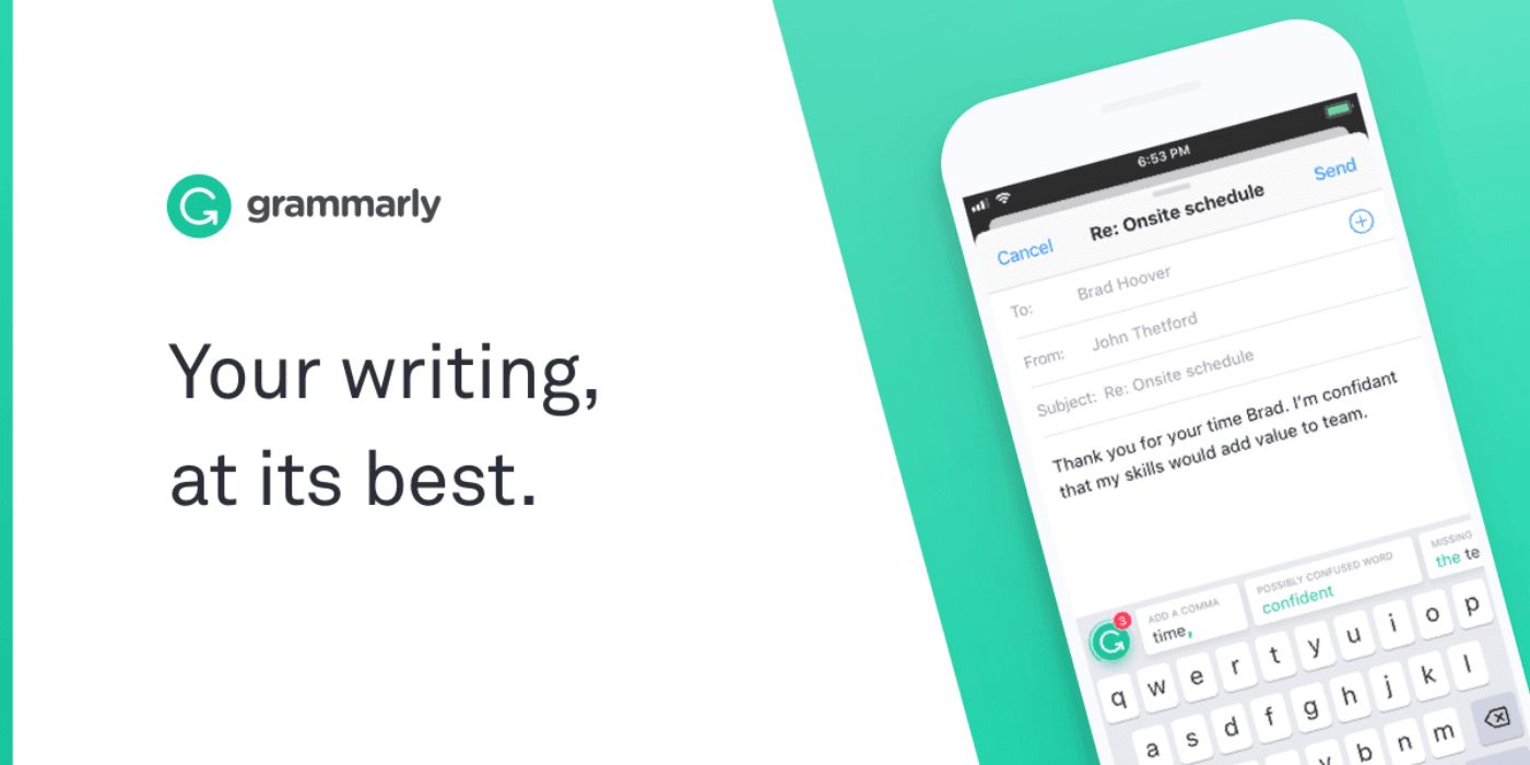 The Grammarly app with its slogan