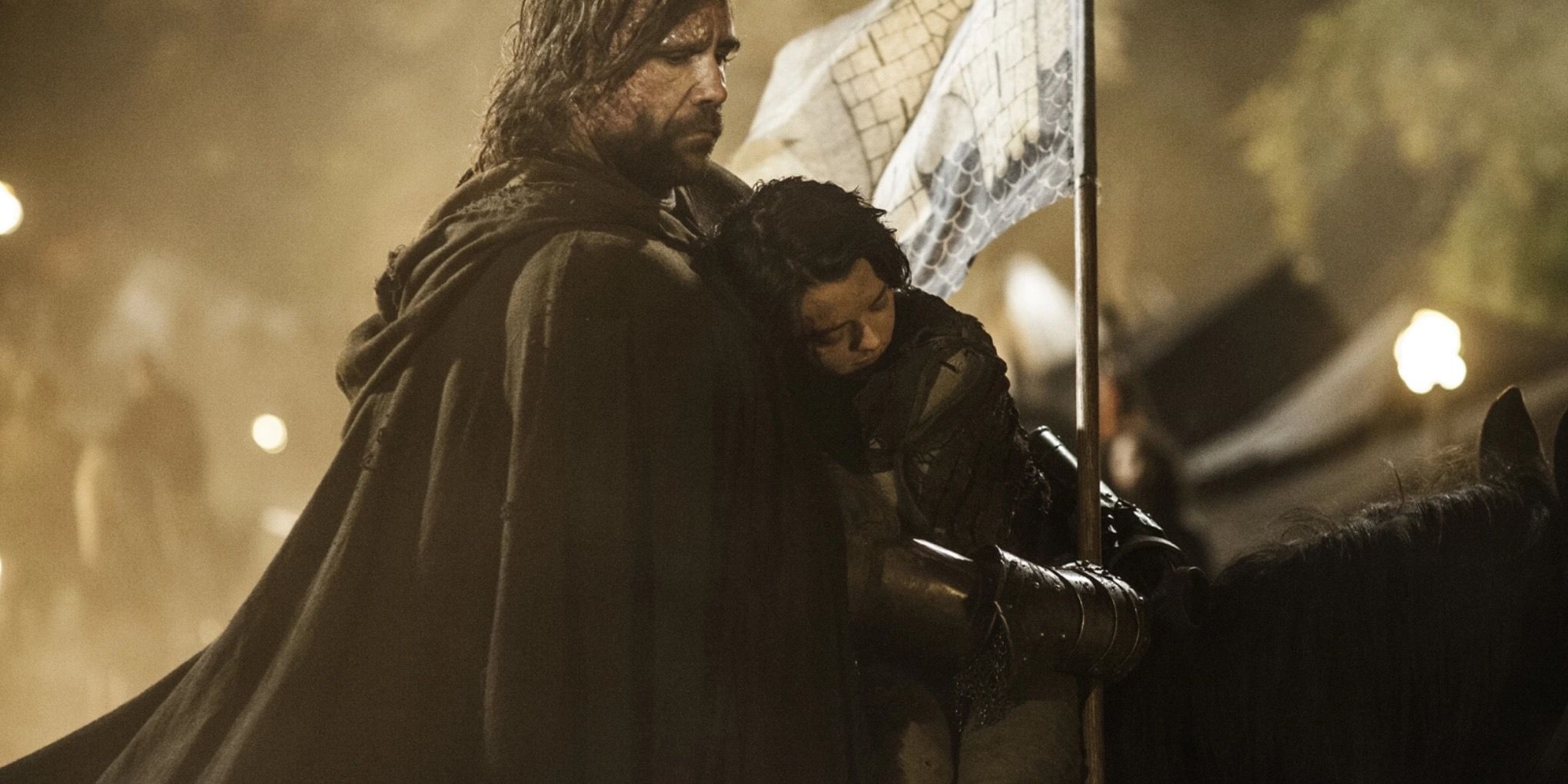 The Hound carrying Arya Stark away from The Red Wedding on Game of Thrones