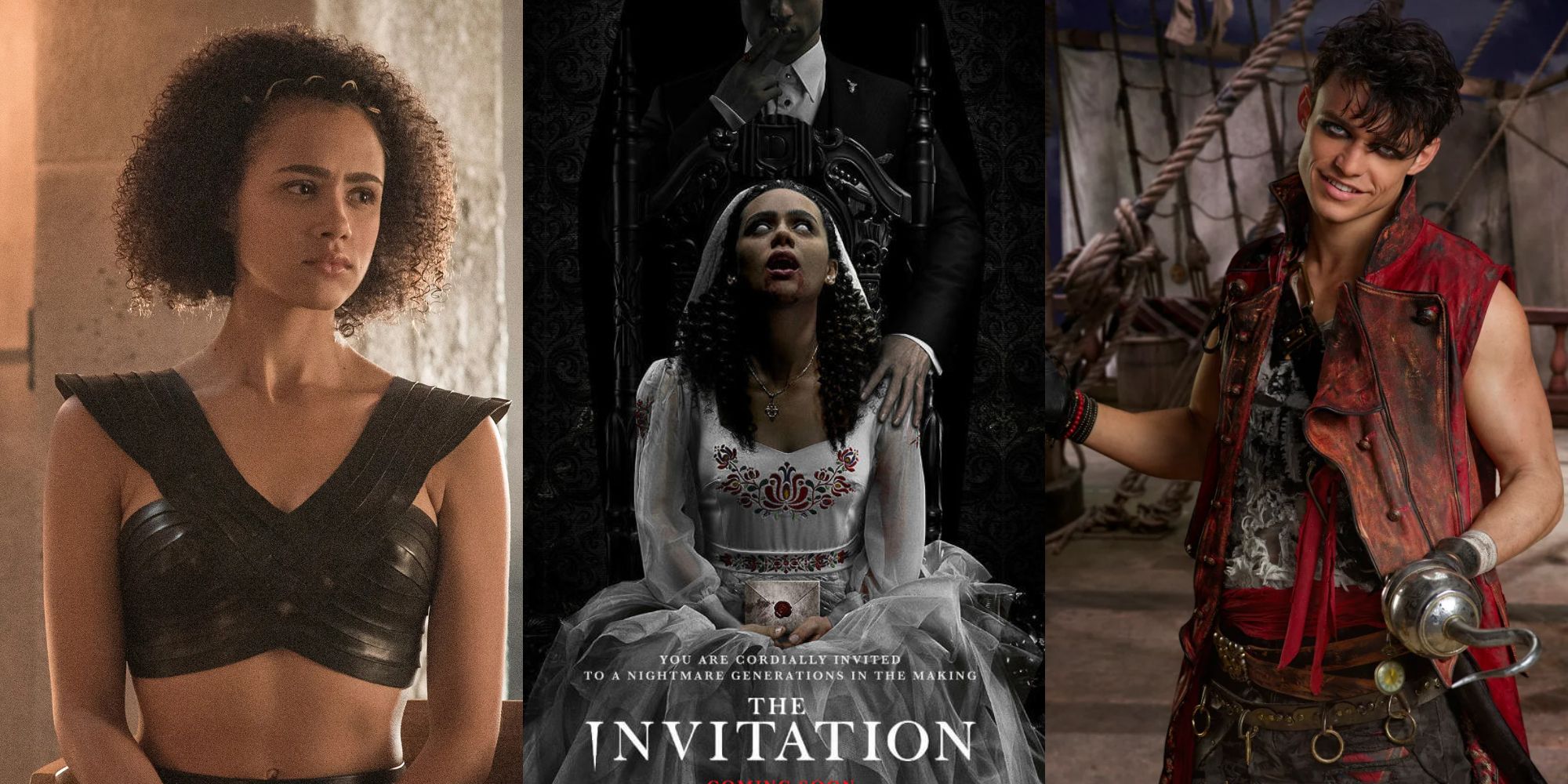 Nathalie Emmanuel in Game of Thrones, a poster for The Invitation, and Thomas Doherty as Harry Hook