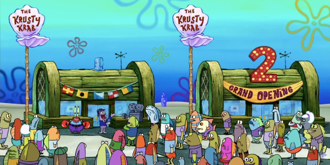 A crowd gathers outside the Krusty Krab 2 in The SpongeBob SquarePants Movie.